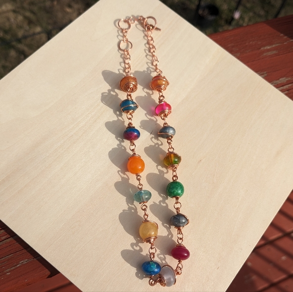 Rose Gold Rainbow Resin Beads Wire Wrapped Necklace Handmade Unique Cute - Picture 5 of 8